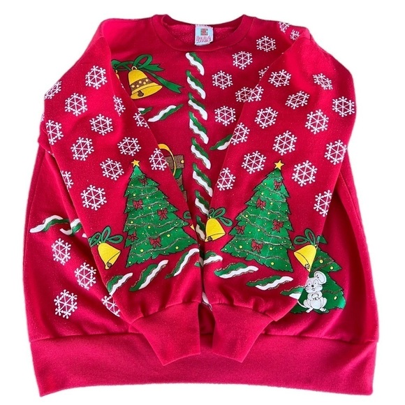 VTG Christmas Sweatshirt Cat Mouse Holiday Time Puffy Graphic Crewneck Med Red - Picture 3 of 11